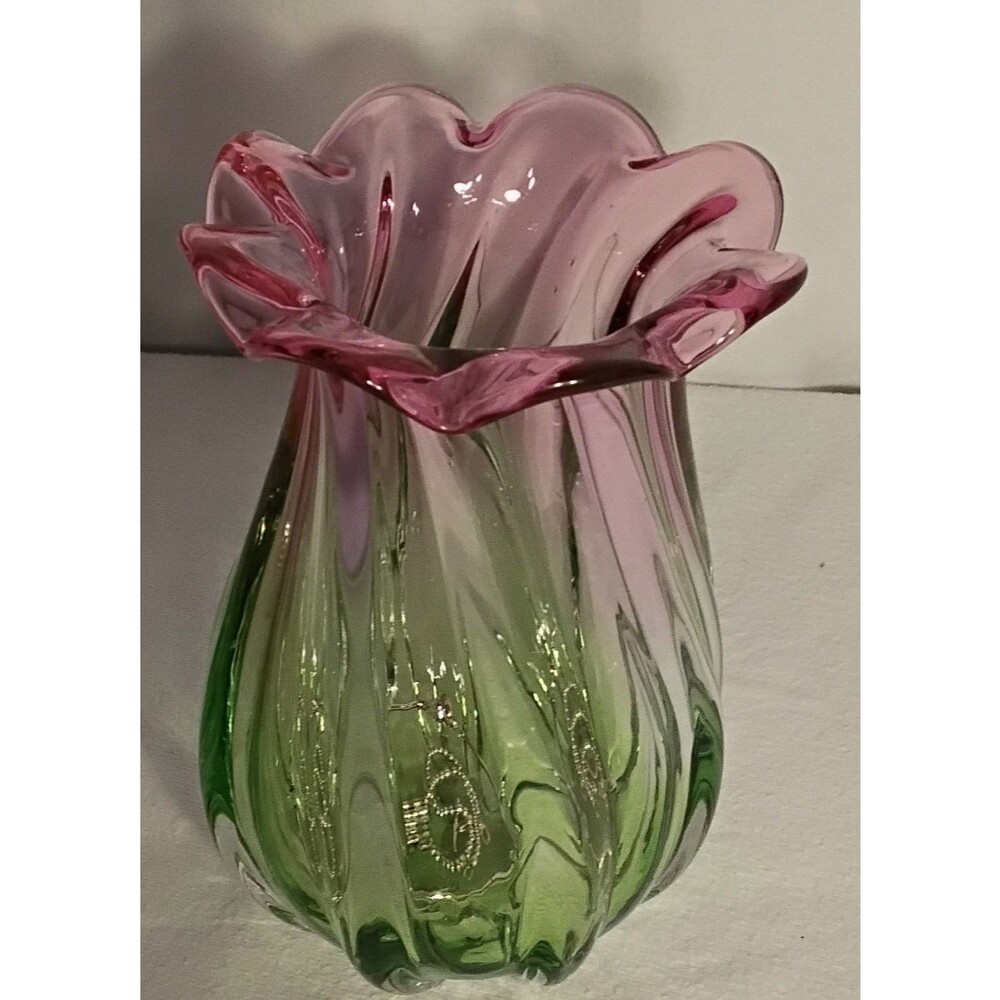 Teleflora 8" Hand Blown Cranberry & Green Swirl Vase with Ruffled Edge